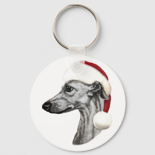 Whippet Christmas Black Santa Key Ring