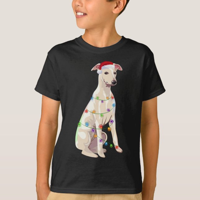 Whippet Christmas Lights Xmas Dog Lover Santa Hat T-Shirt (Front)
