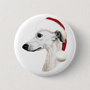 Whippet Christmas White Santa 6 Cm Round Badge