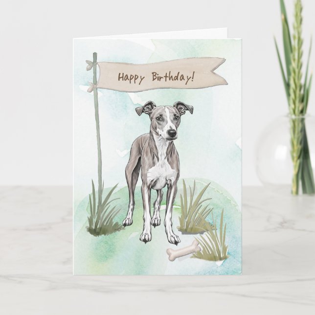 Whippet Dog Breed Outdoors Under Birthday Sign Card (Front)