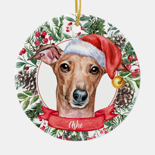 Whippet Dog Custom Santa Hat Christmas Ornament (Front)