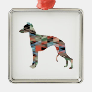 Whippet Dog Geometric Pattern Silhouette Plaid Metal Ornament