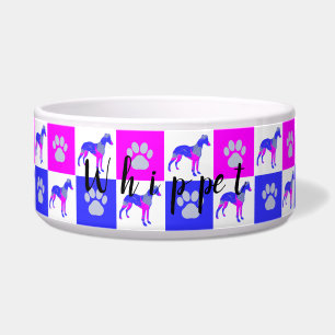 Whippet Dog & Paw Hot Pink and Blue Dog Bowl