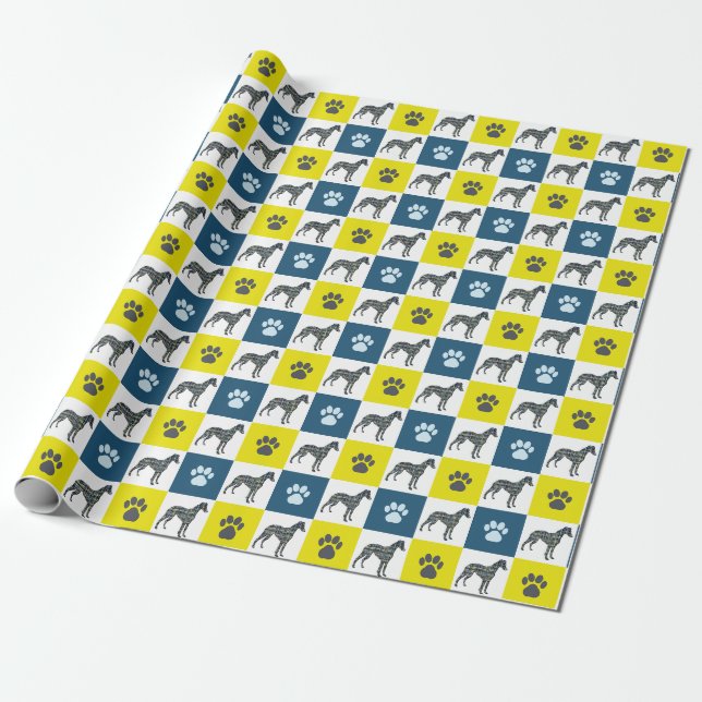 Whippet Dog & Paw Silhouette Yellow & Blue Grid Wrapping Paper (Unrolled)