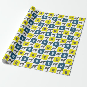 Whippet Dog & Paw Yellow & Blue Grid Wrapping Paper