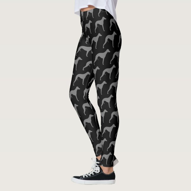 Whippet Dog Silhouettes Pattern Grey and Black Leggings (Left)