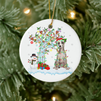 Whippet Dog Xmas Tree Lighting | Santa Hat Gift Ceramic Ornament