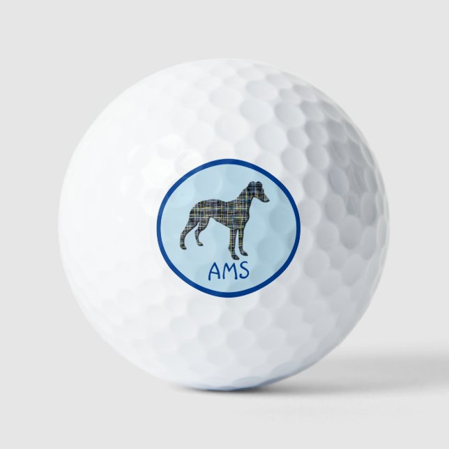 Whippet Gray Dog Silhouette Monogram Grid Blue Golf Balls (Front)