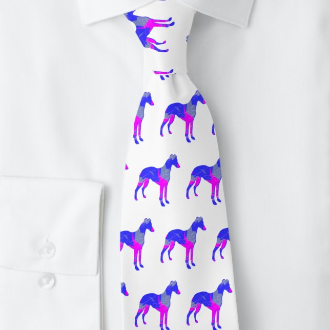 Whippet Italian Greyhound Dog Silhouette Pink Blue Tie (Whippet / Italian Greyhound White tie close up)