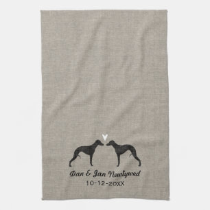 Whippet Silhouettes with Heart and Text Tea Towel