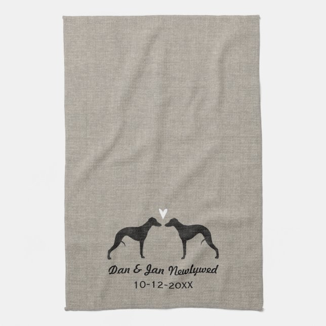 Whippet Silhouettes with Heart and Text Tea Towel (Vertical)