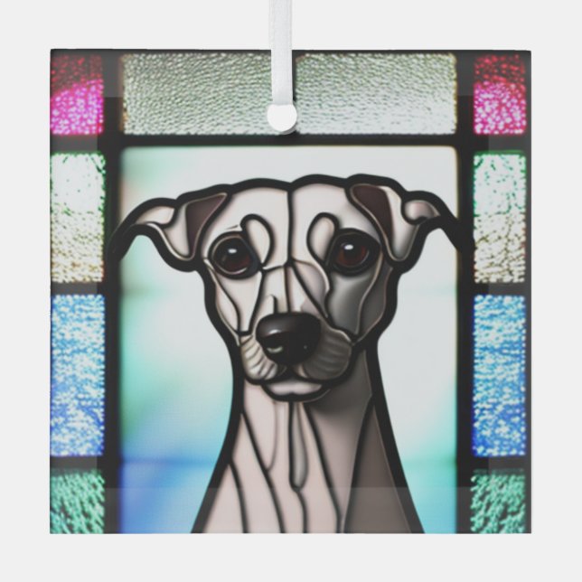 Whippet "Stained Glass"  Glass Tree Decoration (Front)