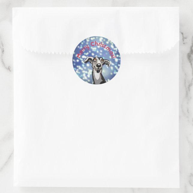 Whippet starry night, merry christmas classic round sticker (Bag)