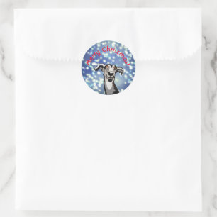 Whippet starry night, merry christmas classic round sticker