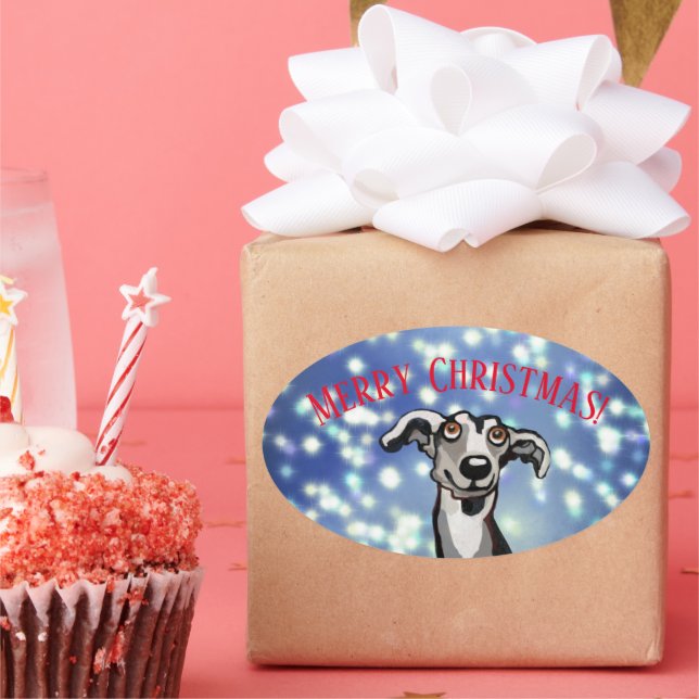 Whippet starry night, Merry Christmas Oval Sticker (Party)