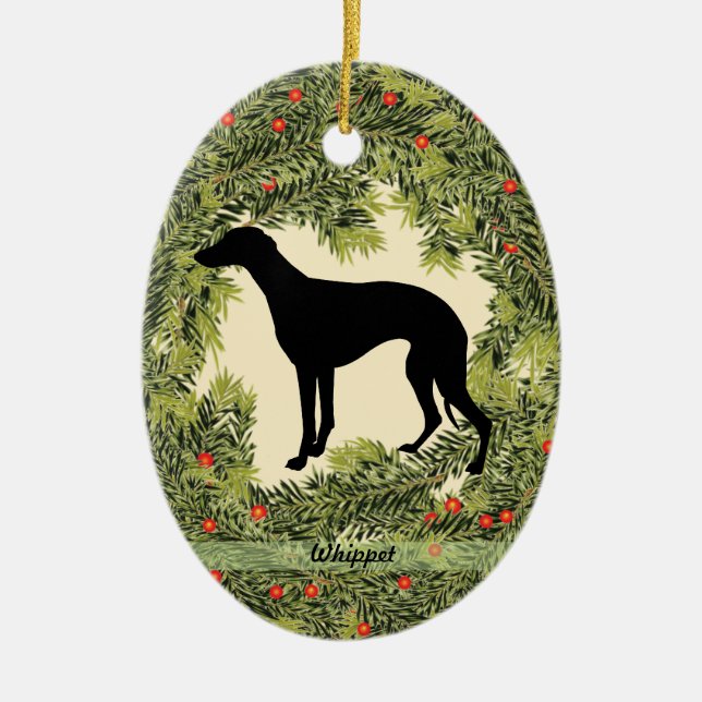 Whippet Wreath Ceramic Ornament (Front)