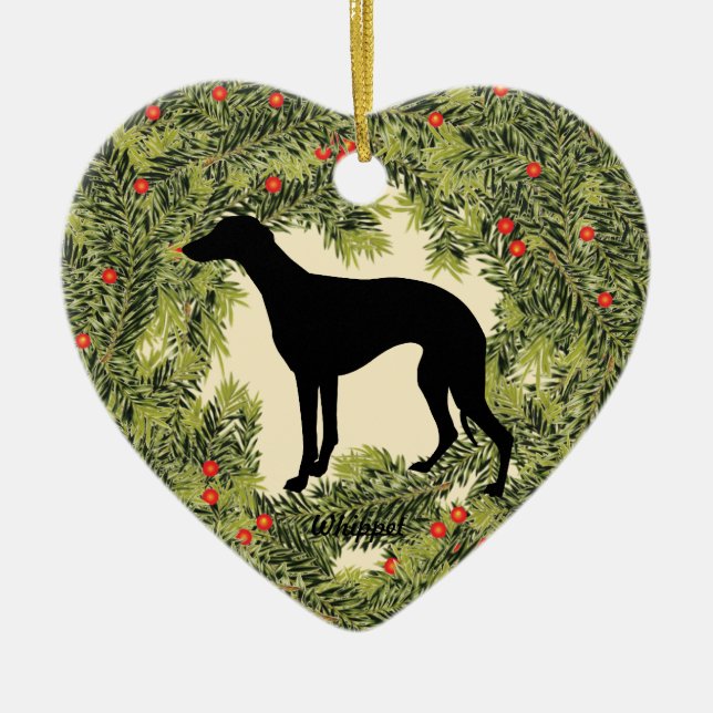 Whippet Wreath Ceramic Tree Decoration (Front)