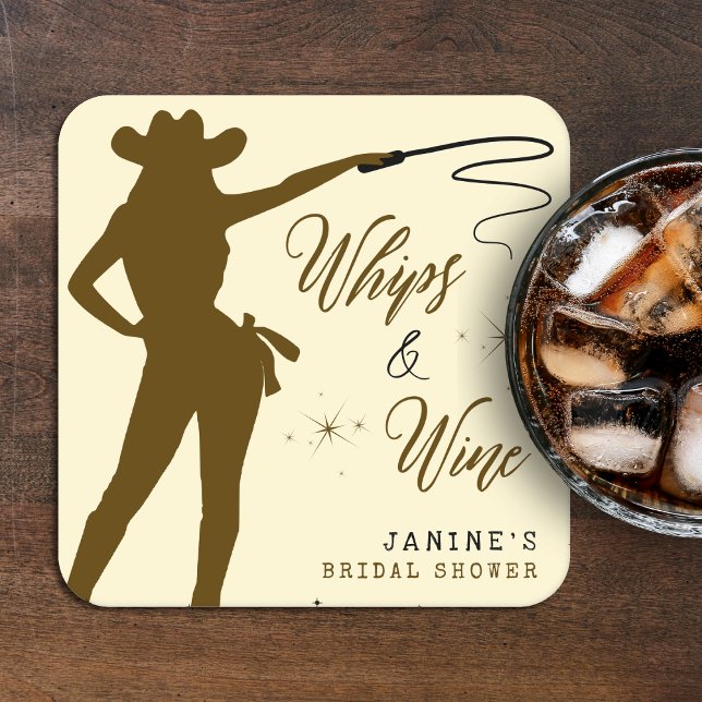 Whips & Wine Cowgirl Bridal Shower Square Paper Coaster (Creator Uploaded)