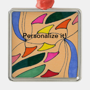 "Whirl-a-Gig design in multi-coloured square Metal Ornament
