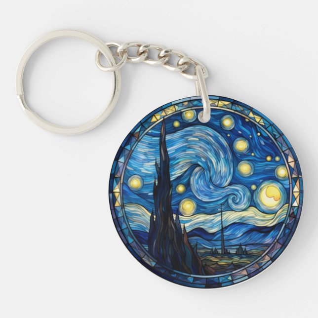 Whirling Starry Night-Inspired Art Print Key Ring (Front)