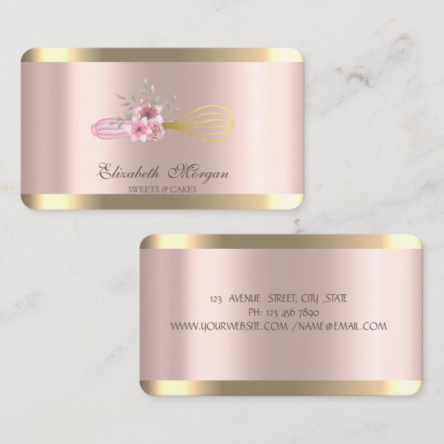 Whisk Flowers Gold Stripe Rose Gold Bakery   Business Card (Front/Back)