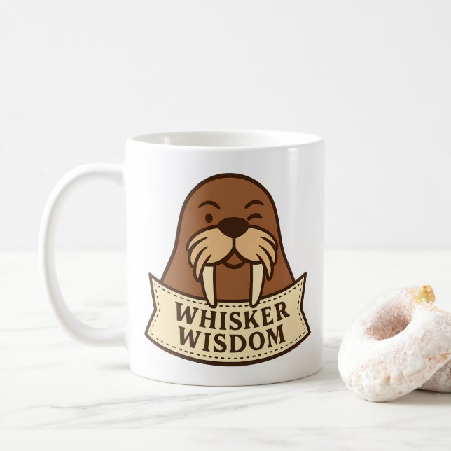 Whisker Wisdom Cute Jovial Walrus Mascot Cartoon Coffee Mug (With Donut)