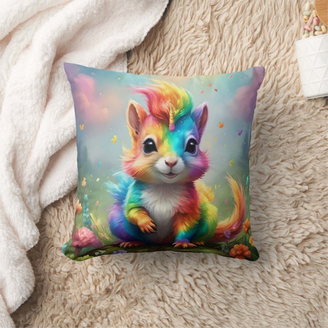 Whiskers of Wonder: The Rainbow Unicorn Squirrel  Cushion (Blanket)