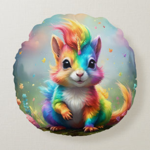 Whiskers of Wonder: The Rainbow Unicorn Squirrel Round Cushion