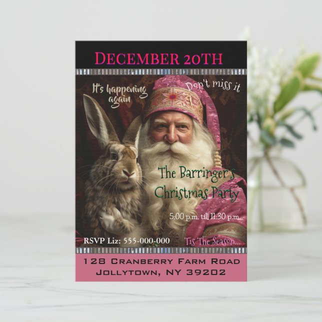 Whiskers Pink Santa Claus Christmas Party Invitation (Standing Front)
