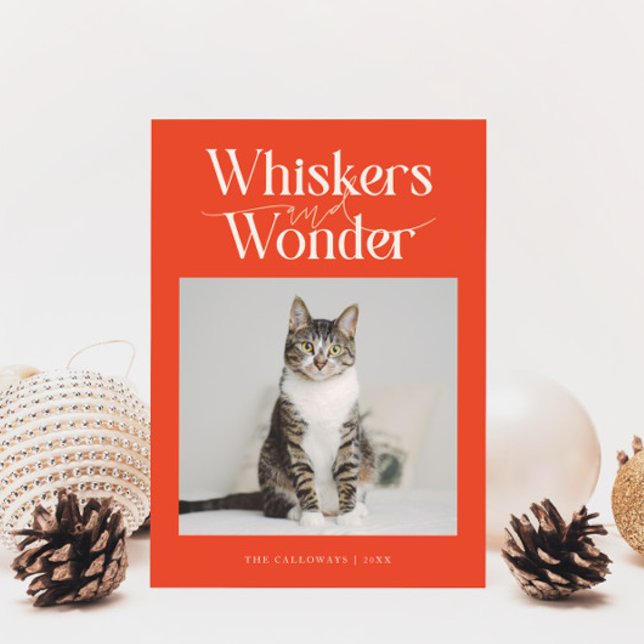 Whiskers & Wonder Cat Photo Retro Red Christmas Holiday Card (Creator Uploaded)