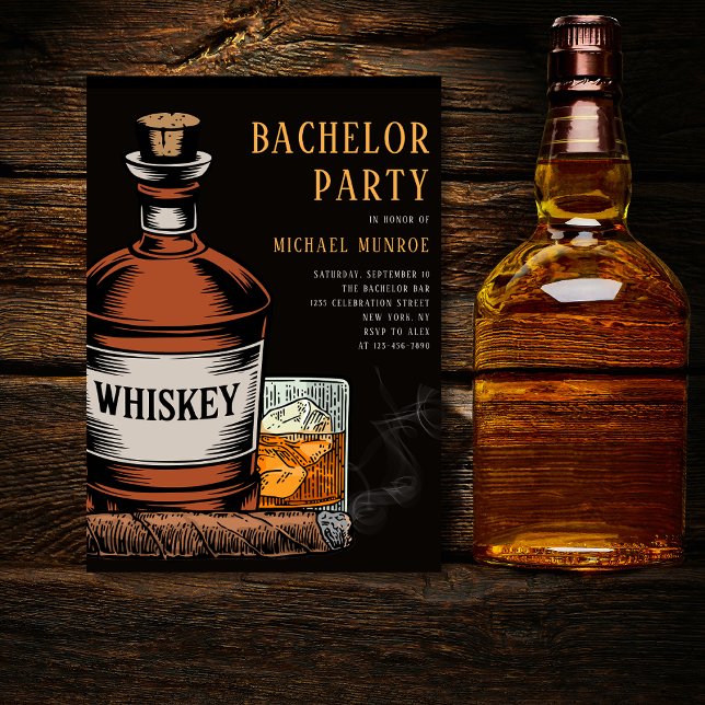 Whiskey and Cigars Black Bachelor Party Invitation (Creator Uploaded)
