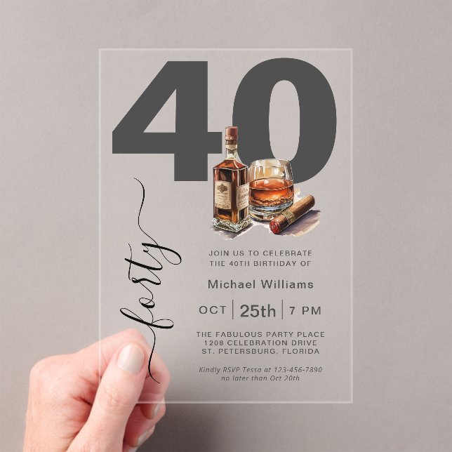 Whiskey and Cigars Masculine 40th Birthday Party Acrylic Invitations (Insitu (Handheld))