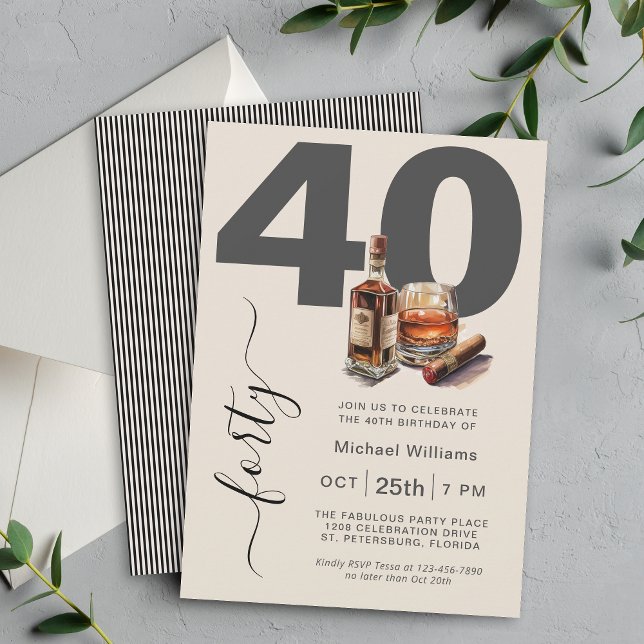 Whiskey and Cigars Masculine 40th Birthday Party Invitation (Available as printed and paperless digital download!)