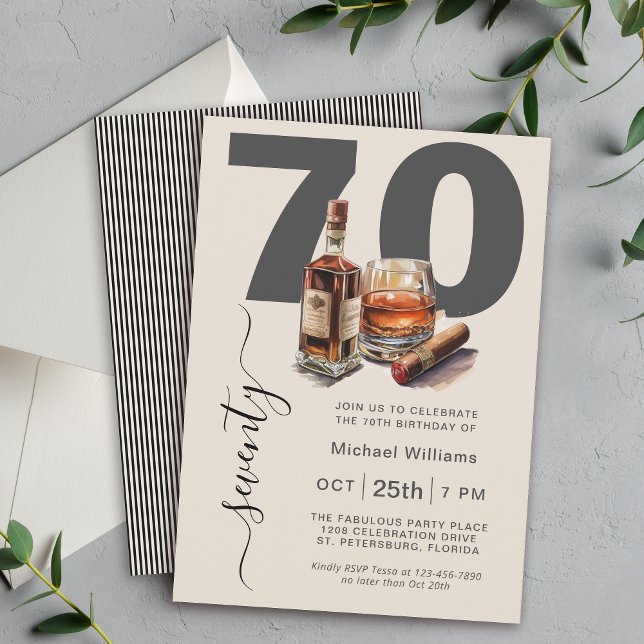 Whiskey and Cigars Masculine 70th Birthday Party Invitation (Available in both printed and instant download digital formats.)