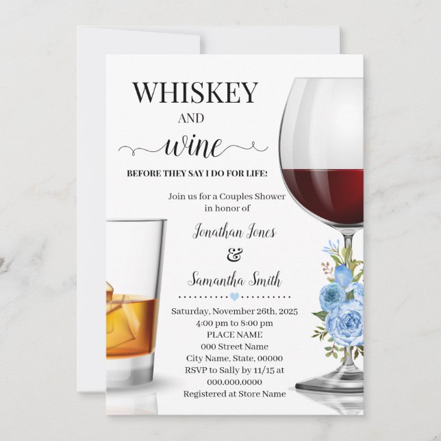 Whiskey and wine before I do wedding shower blue Invitation (Front)