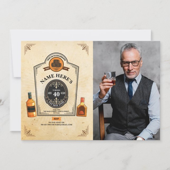 Whiskey Birthday Aged to Perfection Photo Mens Invitation (Front)