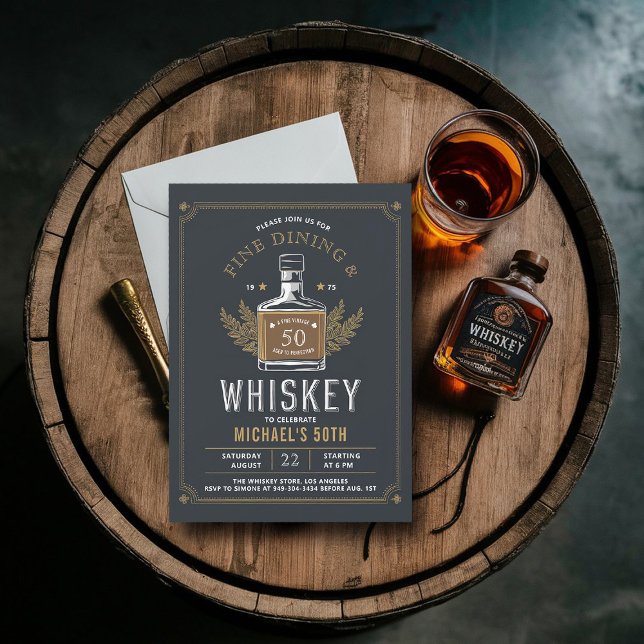 Whiskey Dining Aged to Perfection 50th Birthday Invitation (whiskey 50th birthday party invitation men husband partner elegant modern classy aged to perfection)