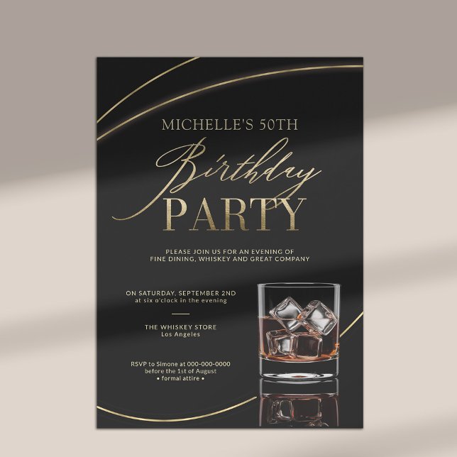 Whiskey Dinner Cocktail Party Modern 50th Birthday Invitation (50th birthday invitation women black gold cocktail dinner party wishkey fine dining elegant modern)