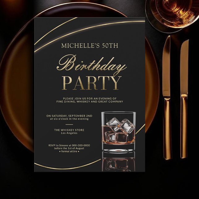 Whiskey Dinner Cocktails Calligraphy 50th Birthday Invitation (whiskey lover 50th birthday invitation women dinner party cocktail elegant black gold calligraphy)