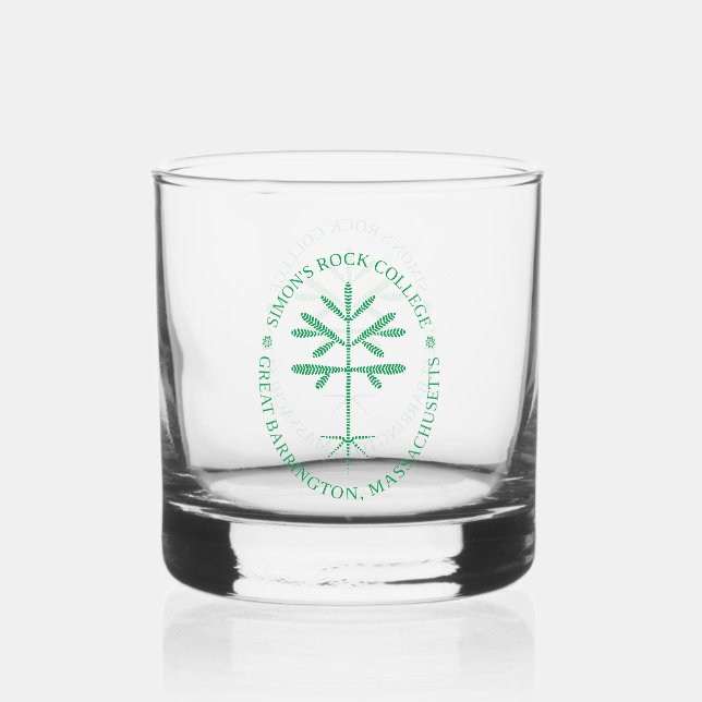 Whiskey Glass with the Simon's Rock Seal in Green (Front)