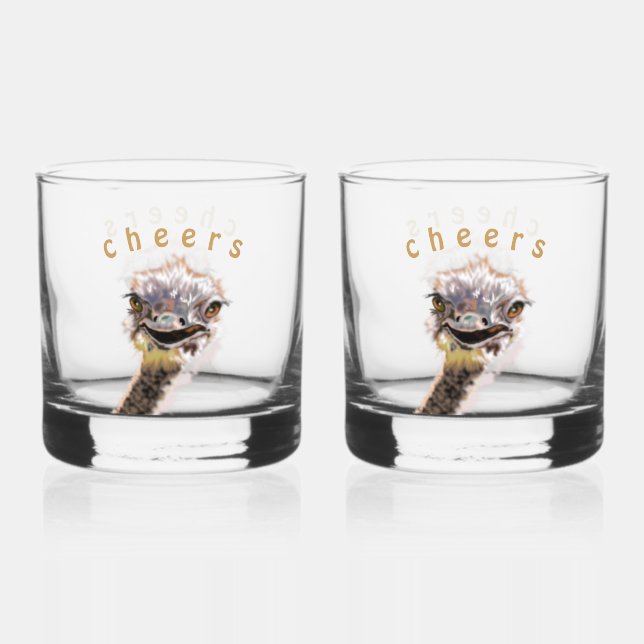 Whiskey Glasses with Funny Ostrich - Cheers (Front)