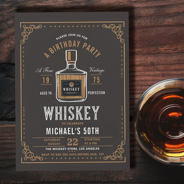 Whiskey Rustic Aged to Perfection 50th Birthday Invitation (rustic 50th birthday invitation whiskey cocktails fine vintage aged to perfection)
