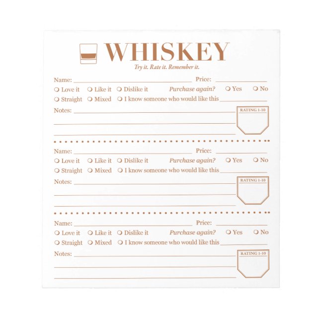 Whiskey Tracker, Whiskey Lover Drink Rating Sheet Notepad (Front)