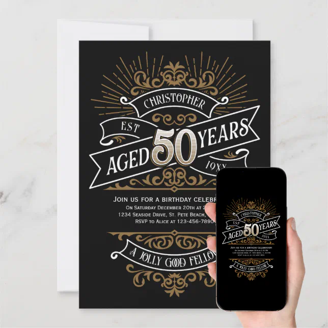 Whiskey Vintage Mens 50th Birthday Invitation 