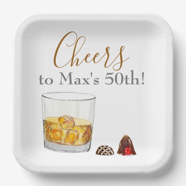 Whiskey Watercolor Chocolate Truffles Birthday  Paper Plate (Front)