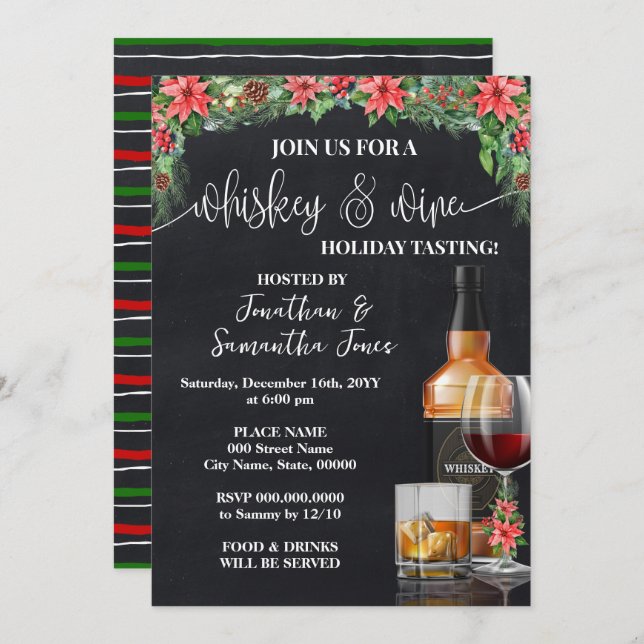 Whiskey & Wine Tasting Holiday Christmas Party Invitation (Front/Back)