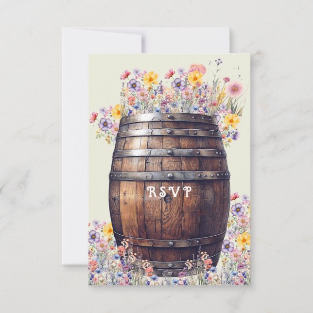 Whisky Barrel Rustic Wood Spring Flowers RSVP Card (Front)