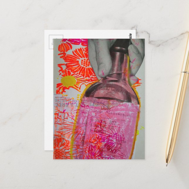 Whisky Bottle Mixed Media Collage Postcard (Front/Back In Situ)