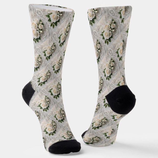 Whisper of Elegance: Roses Lace, and Timeless Vows Socks (Angled)