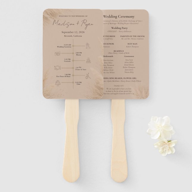 Whispering Pampas Wedding Program Fan (Front and Back)